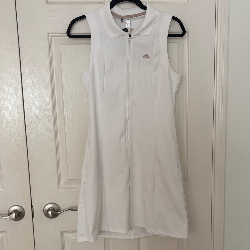adidas White Sleeveless Zip Tennis Dress with Subtle Logo - NWT